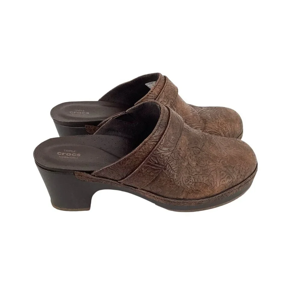 Crocs Sarah Tooled Clog Brown Triple Comfort Slip On Shoes 203911 Women’s Sz 7 W - Picture 3 of 8